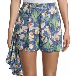 PAT BO Floral Side Ruffle Shorts Blue White Orchid Tropical Print Size 10 42